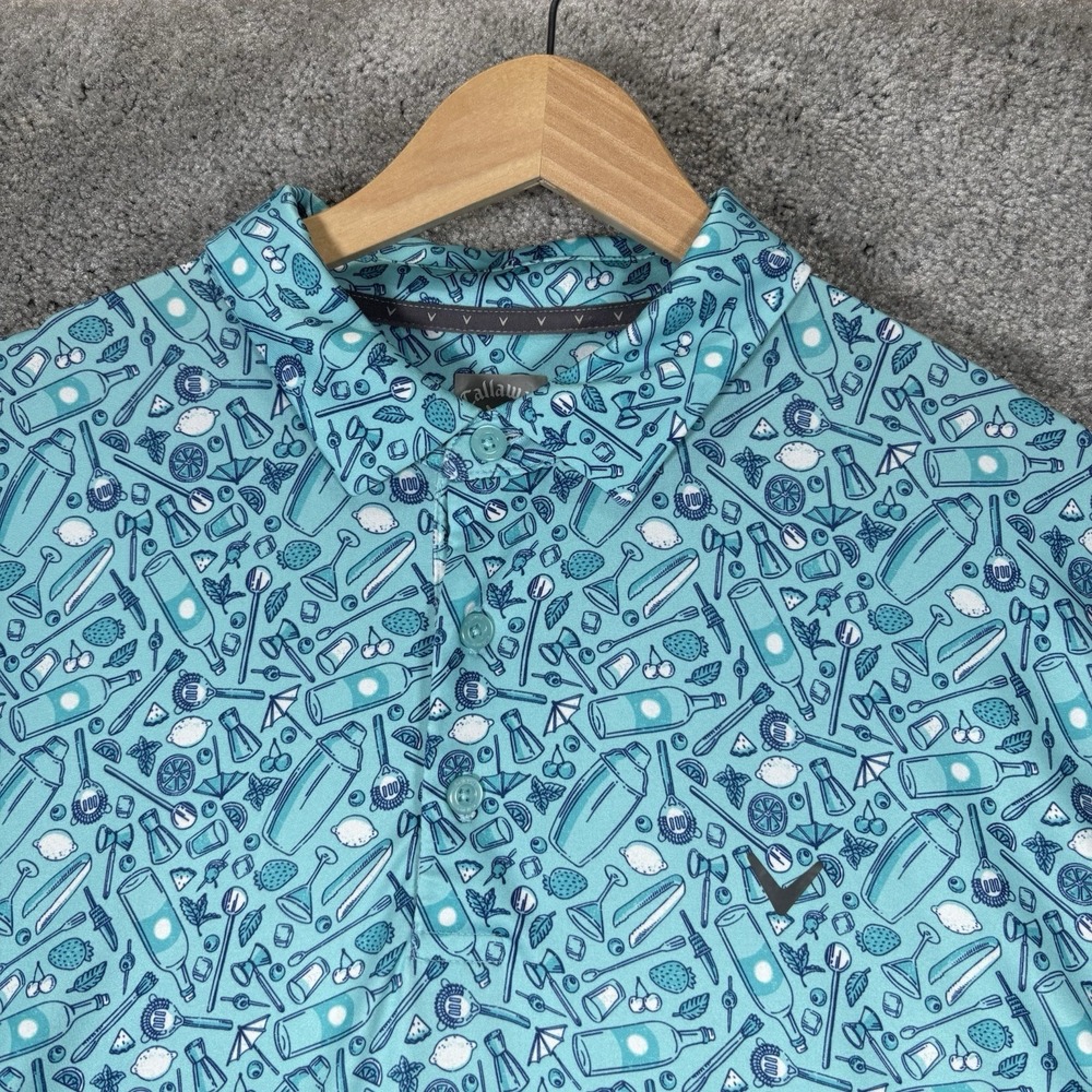 Callaway Polo Shirt Men L Blue All Over Print Cocktail Opti Dri Performance Golf